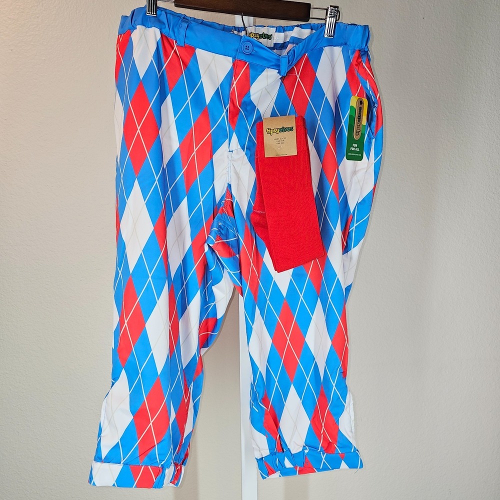 Tipsy Elves Golf Pants Mens 4XL Red White Blue American Argyle Socks Funny Loud